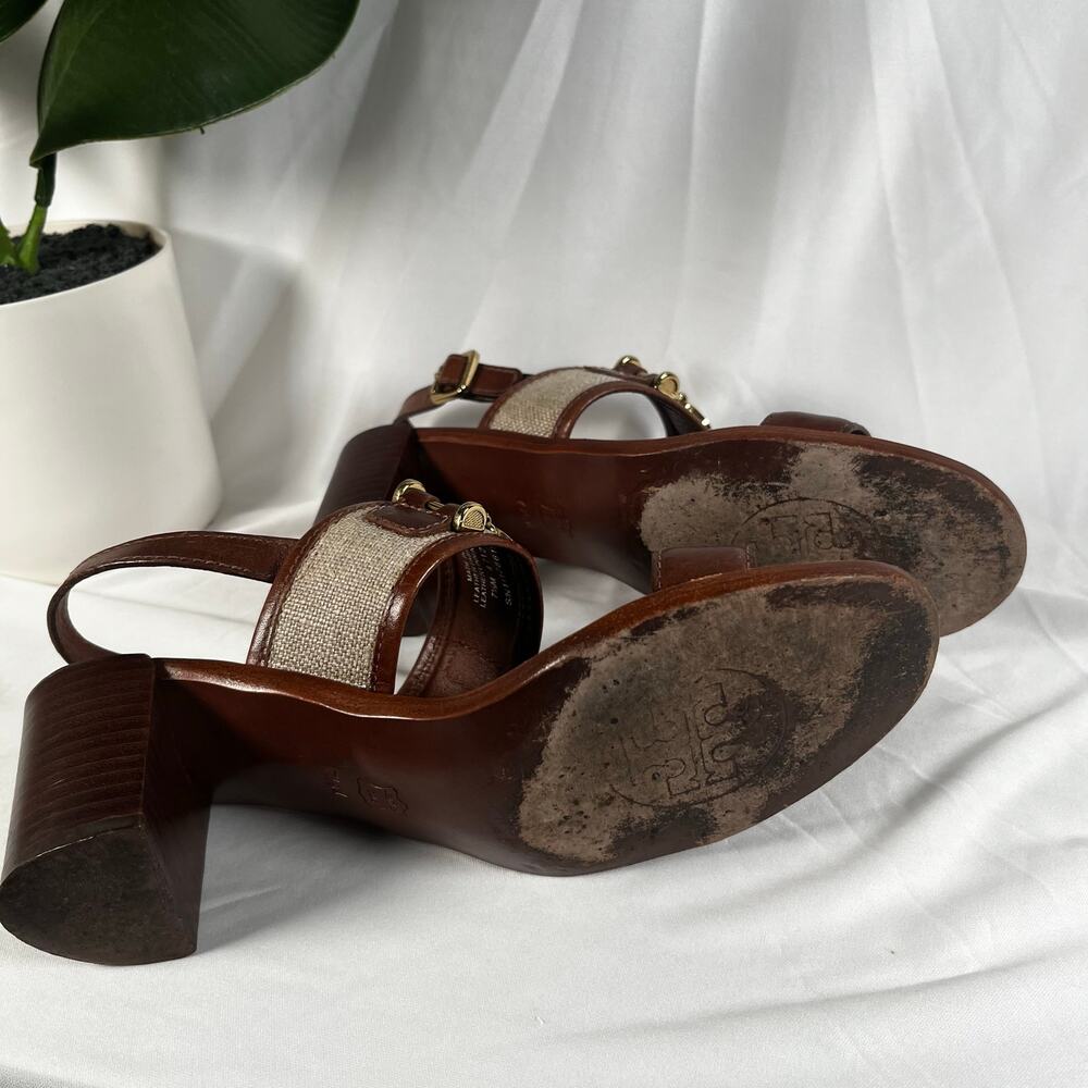 TORY BURCH Lowell Linen and Leather Block Heel Slingback Gold Hardware Sandals - Picture 8 of 10